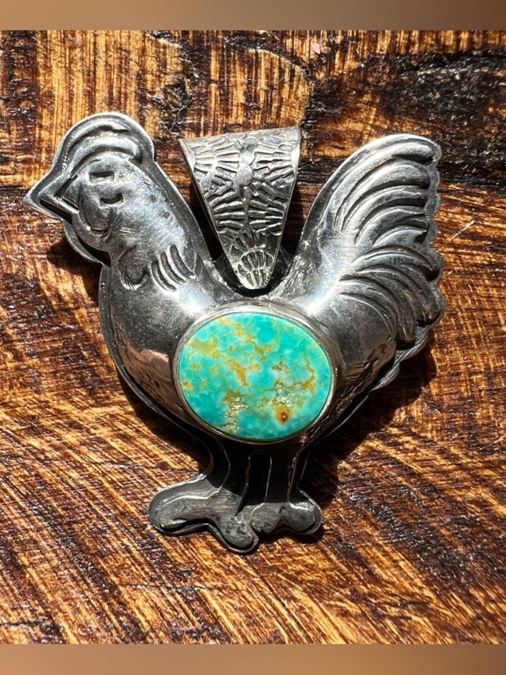925 Sterling Rooster Pendant Kingman Turquoise Chicken Farm Charm Southwest